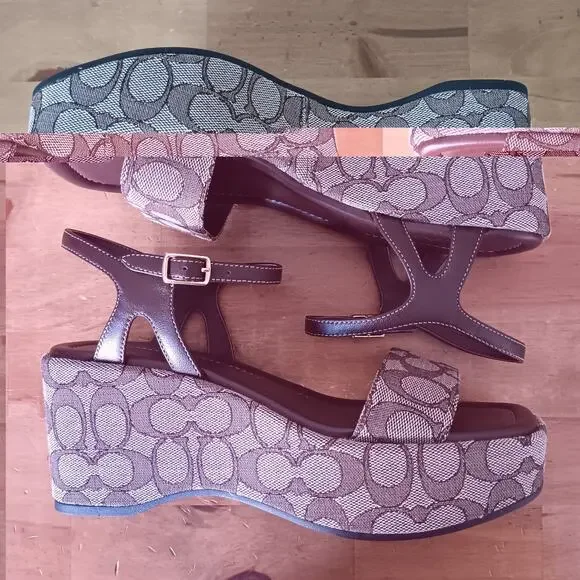 Coach Women Gale Wedge Sandal In Maple Signature Jacquard Platform Size 8.5 B - Picture 5 of 13